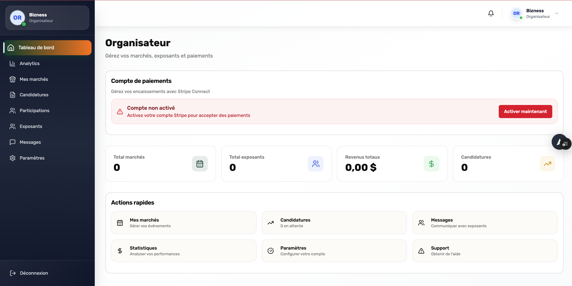 Aperçu du tableau de bord MarchePro
